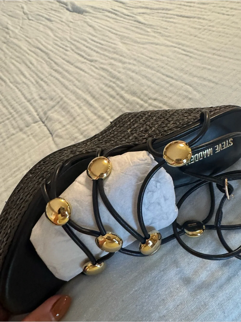Steve Madden Black Wedge Espadrille Sandals with Gold Discs